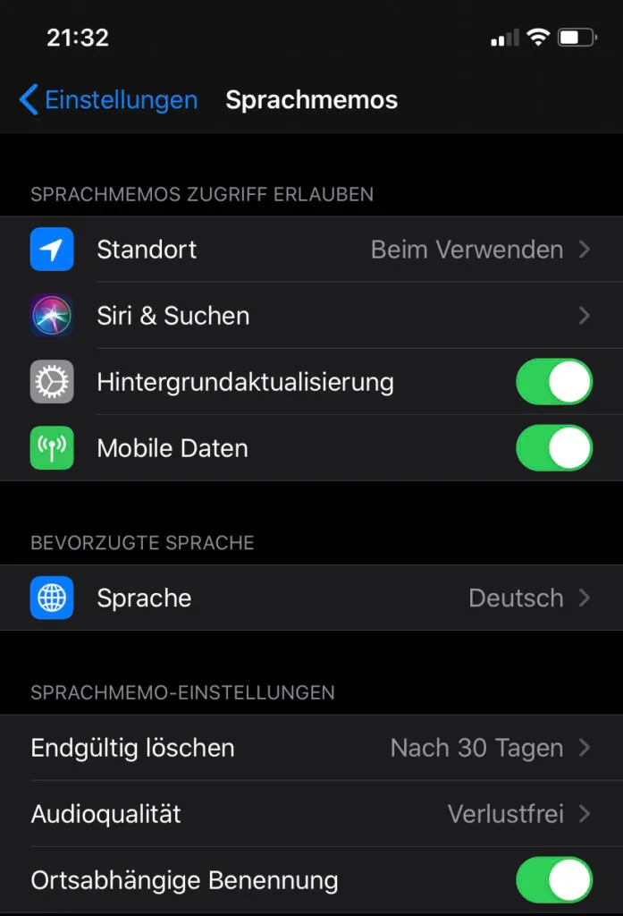 Einstellungen der Sprachmemos